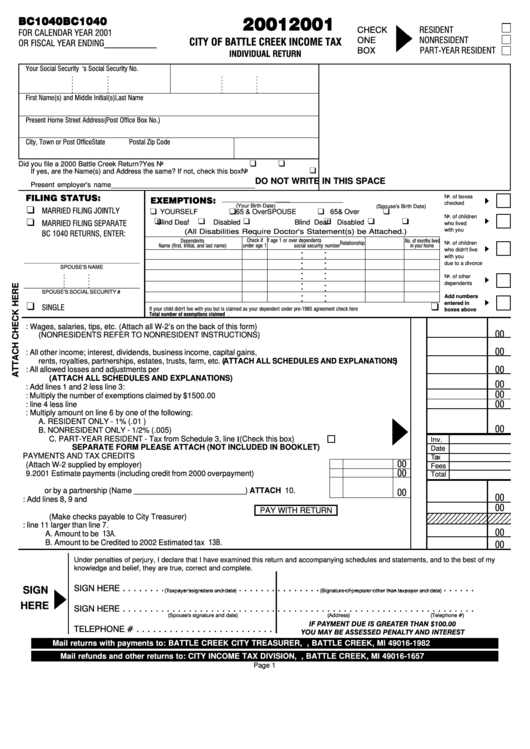 Form Bc1040 - City Of Battle Creek Income Tax Individual Return - 2001 Printable pdf