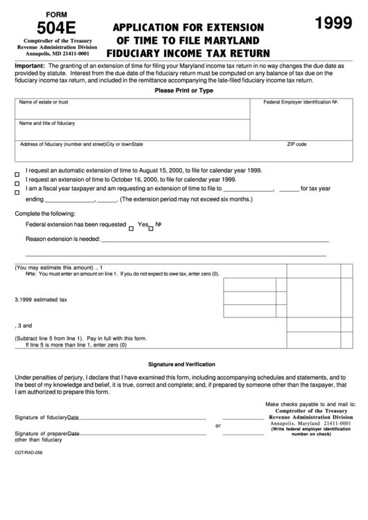 Form 504e - Application For Extension Of Time To File Maryland Fiduciary Income Tax Return - 1999 Printable pdf