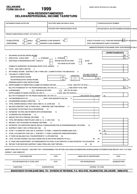 Form 200-02-X - Non-Resident Amended Delaware Personal Income Tax Return - 1999 Printable pdf