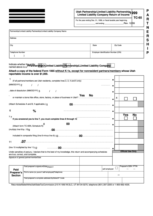 Form Tc-65 - Utah Partnership/limited Liability Partnership, Limited Liability Company Return Of Income - 1999 Printable pdf