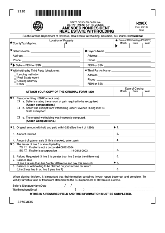 Form I-290x - Amended Nonresident Real Estate Withholding - 2016