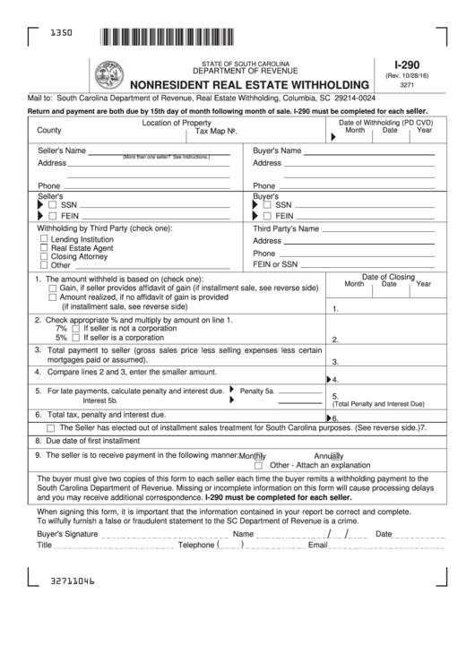 Form I-290 - Nonresident Real Estate Withholding Printable pdf