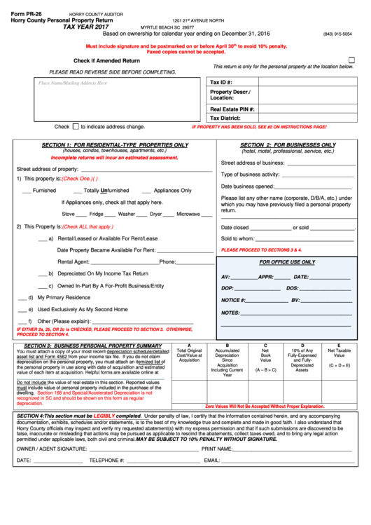 Form Pr-26 - Horry County Personal Property Return - 2017 Printable pdf