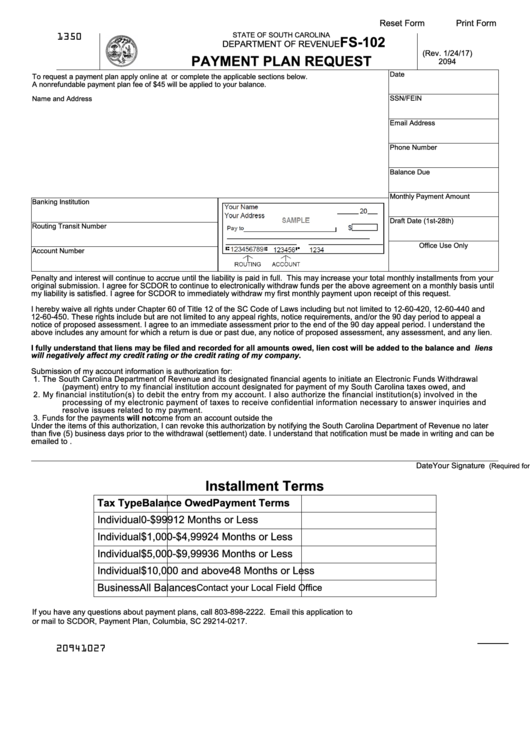 Fillable Form Fs-102 - Payment Plan Request Printable pdf