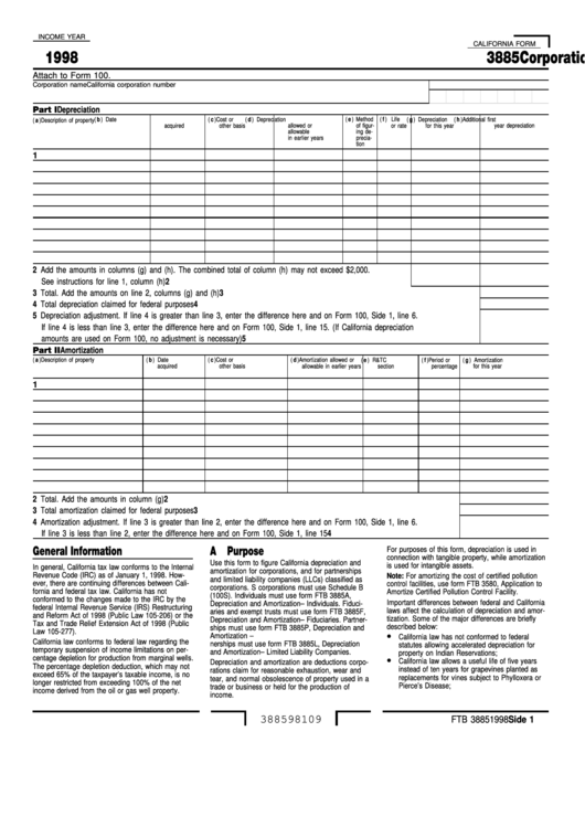 Fillable Form 3885 - Corporation Depreciation And Amortization - 1998 Printable pdf