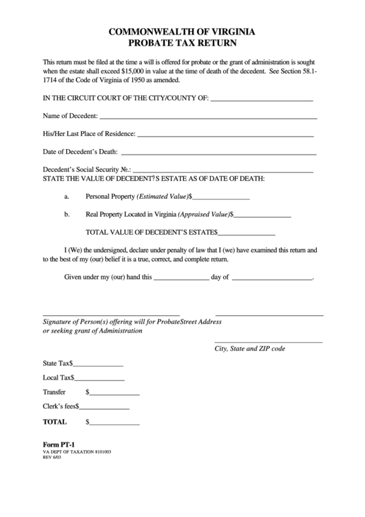 Fillable Form Pt-1 - Commonwealth Of Virginia Probate Tax Return Printable pdf