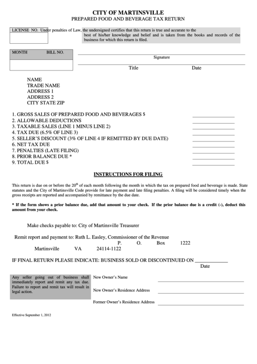 City Of Martinsville Prepared Food And Beverage Tax Return Form Printable pdf