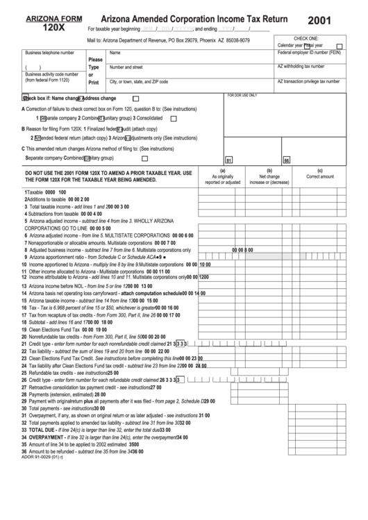 Arizona Form 120x - Arizona Amended Corporation Income Tax Return - 2001 Printable pdf