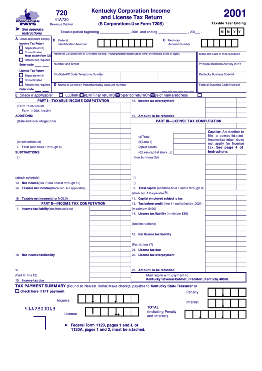Form 720 - Kentucky Corporation Income And License Tax Return - 2001 Printable pdf