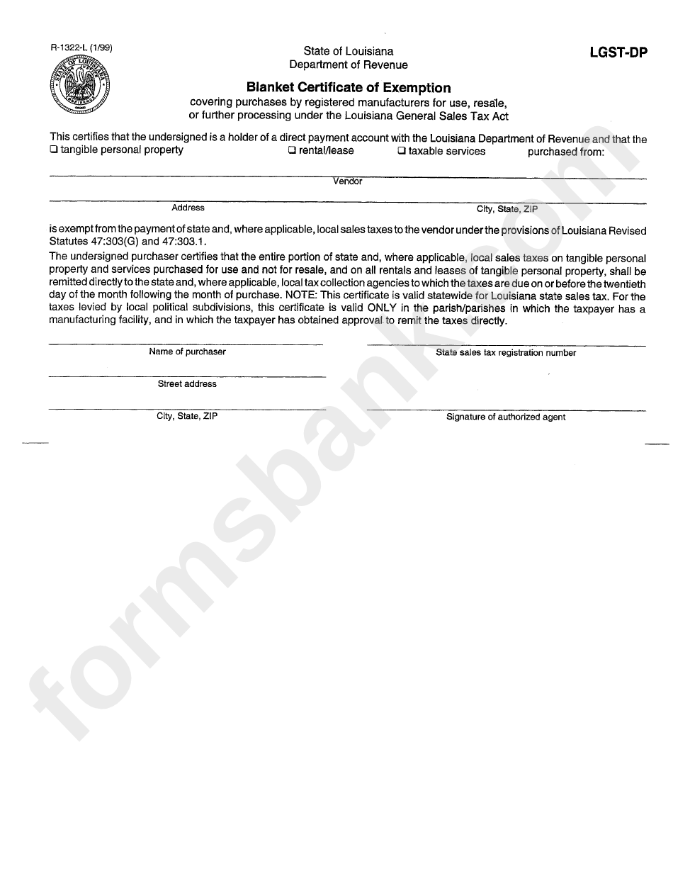 Form-R-1322-L - Blanket Certificate Of Exemption