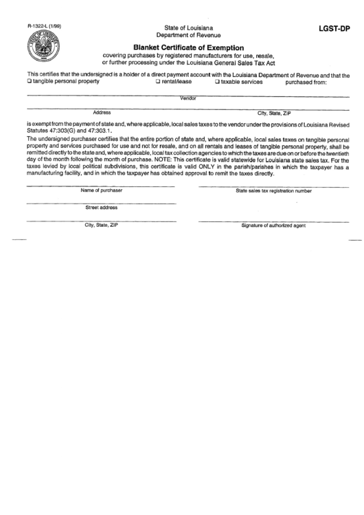 Form-r-1322-l - Blanket Certificate Of Exemption