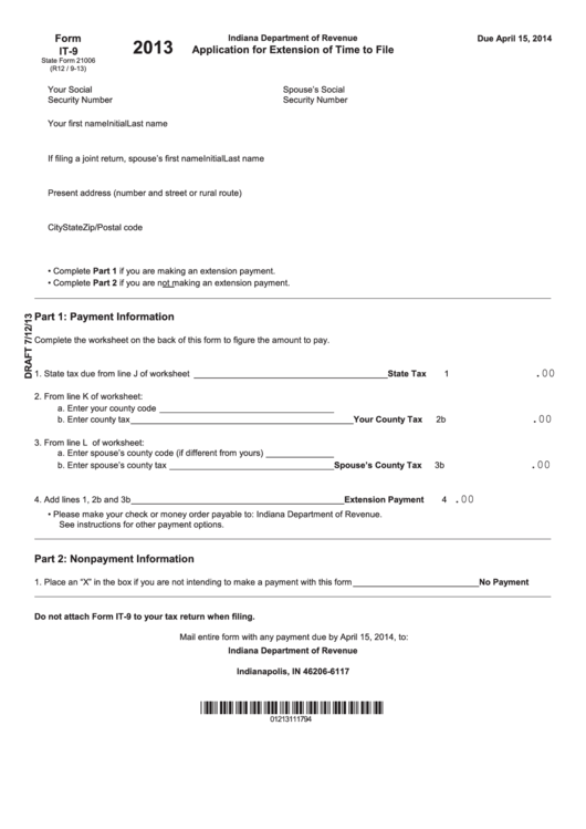 Form It-9 - Application For Extension Of Time To File - 2013 Printable pdf