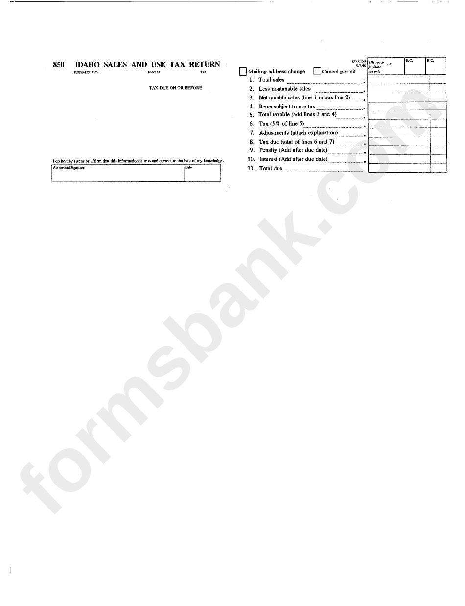Form 850 Idaho Sales And Use Tax Return Printable Pdf Download