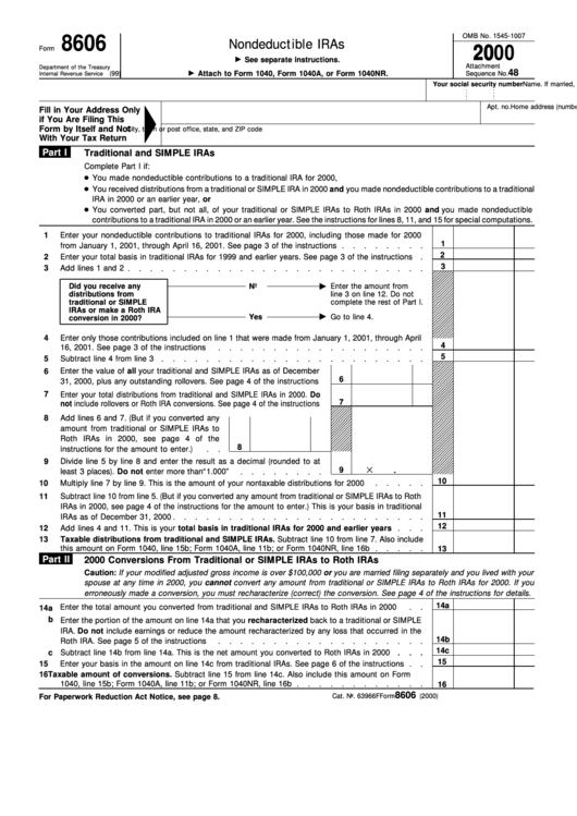 Form 8606 - Nondeductible Iras - 2000 Printable pdf