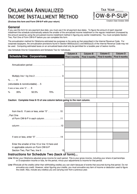 Form Ow-8-P-Sup - Oklahoma Annualized Income Installment Method - 2000 Printable pdf