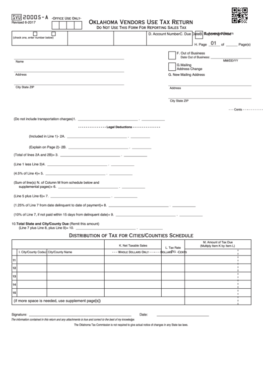 Fillable Form Svu20005-A - Oklahoma Vendors Use Tax Return - 2017 Printable pdf