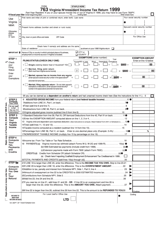 Form 763 - Virginia Nonresident Income Tax Return - 1999 Printable pdf