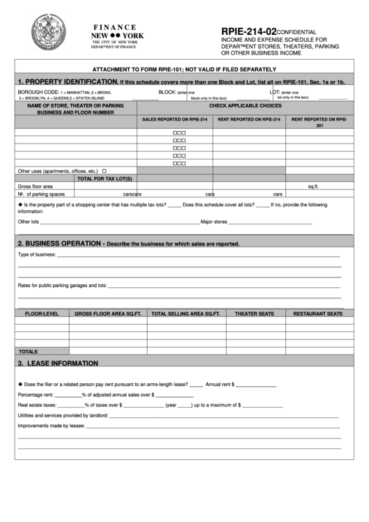 Form Rpie-214-02 - Income And Expense Schedule For Department Stores, Theaters, Parking Or Other Business Income Printable pdf