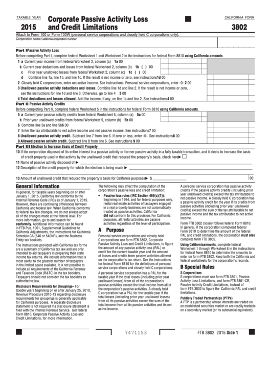 Fillable California Form 3802 - Corporate Passive Activity Loss And Credit Limitations - 2015 Printable pdf