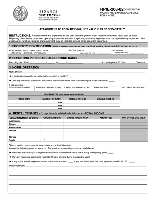 Form Rpie-208-02 - Confidential Income And Expense Schedule For A Hotel Printable pdf