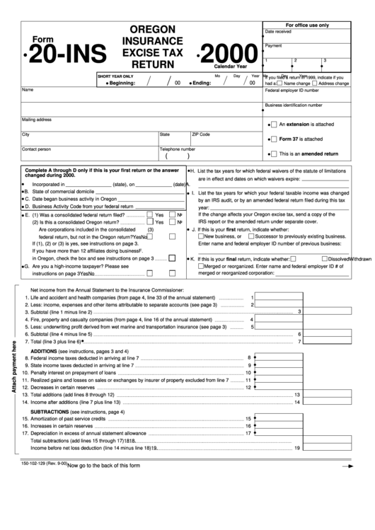 Form 20-Ins - Oregon Insurance Excise Tax Return - 2000 Printable pdf
