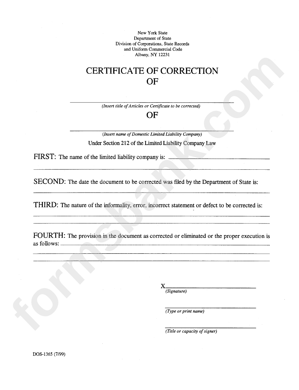 Form Dos-1365 - Certificate Of Correction July 1999