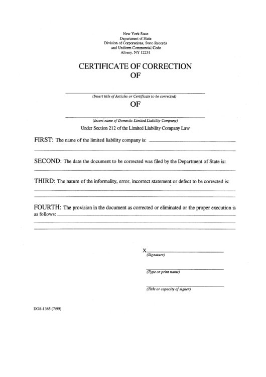 Form Dos-1365 - Certificate Of Correction July 1999 Printable pdf