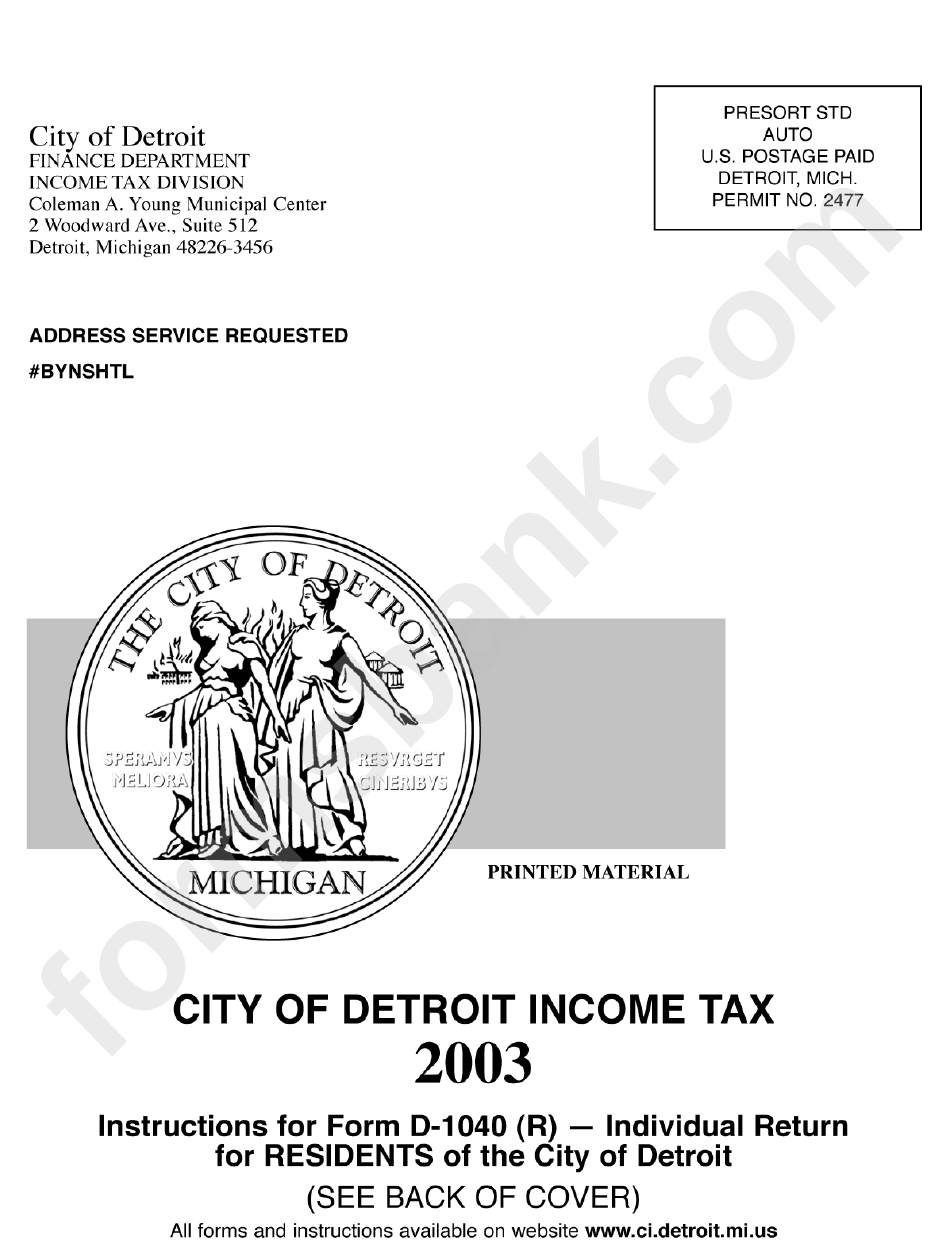 Resident Instructions For Form D-1040 (R) - City Of Detroit Income Tax
