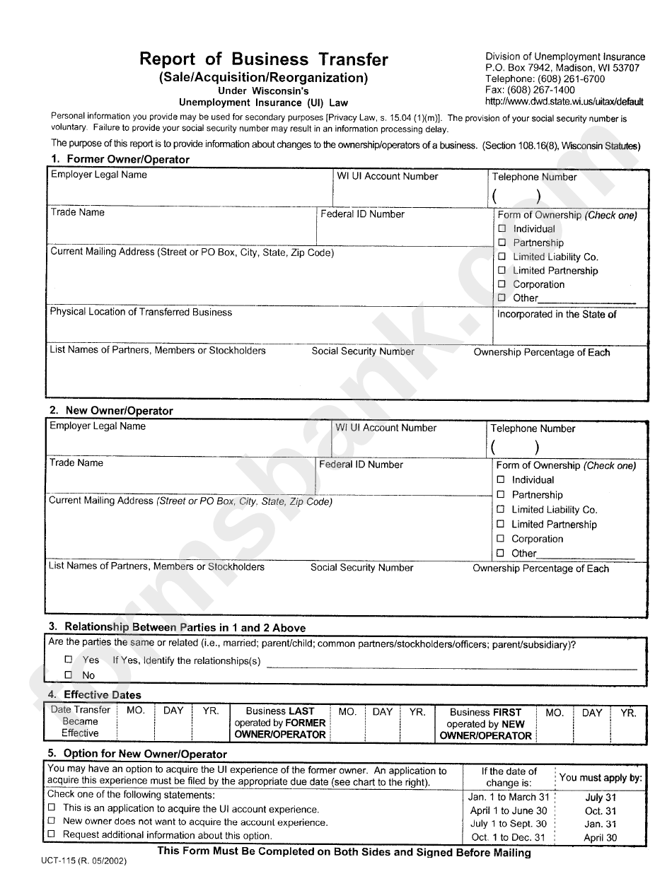 Form -Uct-115 - Report Of Business Transer