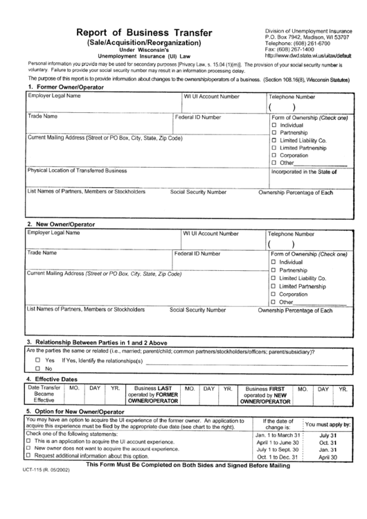 Form -Uct-115 - Report Of Business Transer Printable pdf