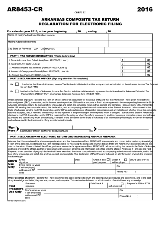 Form Ar8453-Cr - Arkansas Composite Tax Return Declaration For Electronic Filing - 2016 Printable pdf