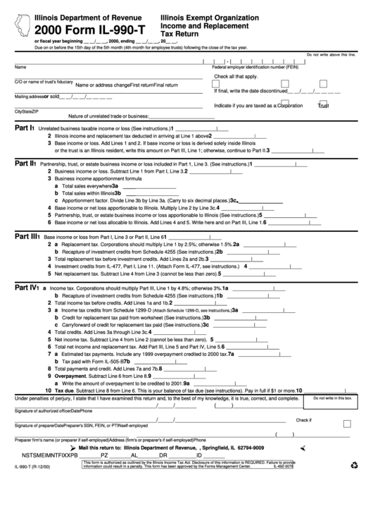 Form Il-990-T - Illinois Exempt Organization Income And Replacement Tax Return - 2000 Printable pdf