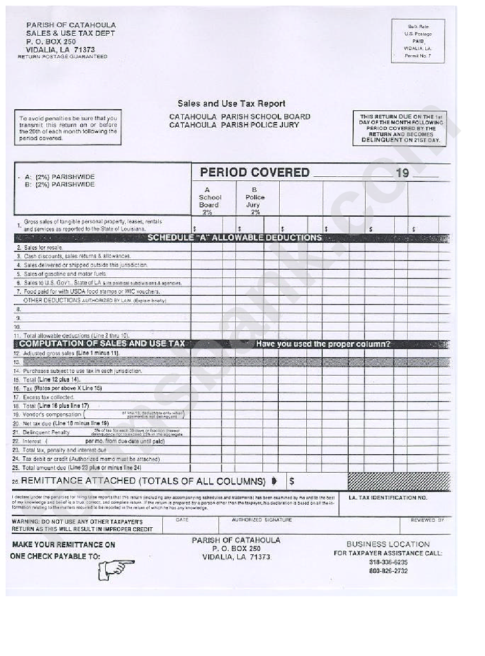 Sales And Use Tax Report - Catahoula Parish Scholl Board