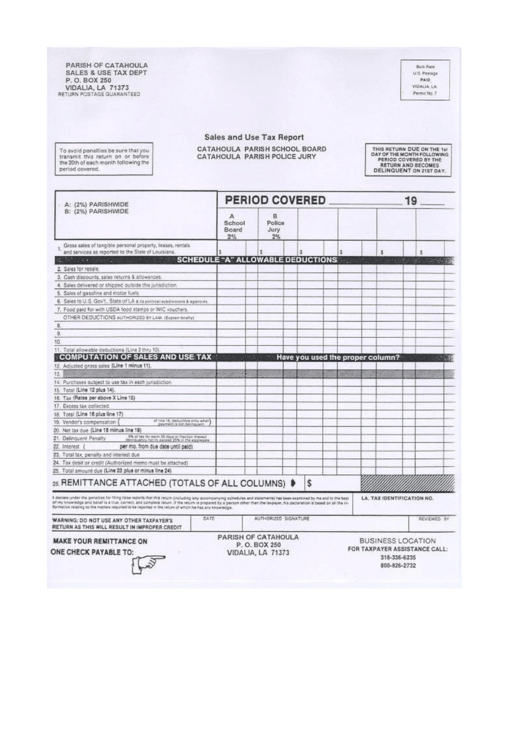 Sales And Use Tax Report - Catahoula Parish Scholl Board Printable pdf
