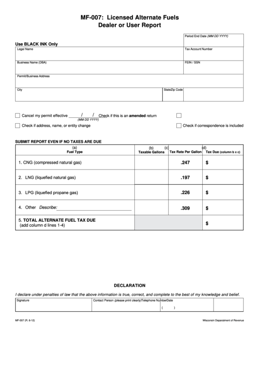 Form Mf-007 - Licensed Alternate Fuels Dealer Or User Report - 2012 Printable pdf