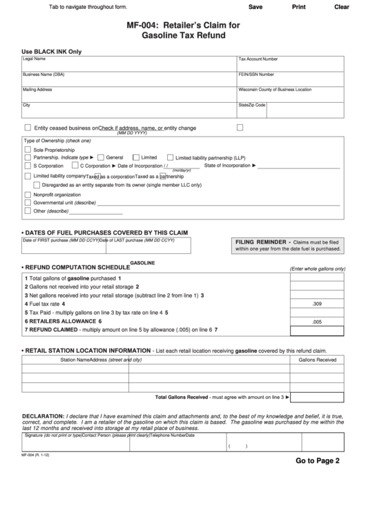 Fillable Form Mf 004 Retailers Claim For Gasoline Tax Refund 