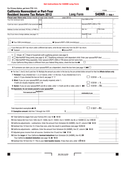 Fillable Form 540nr - California Nonresident Or Part-Year Resident Income Tax Return - 2012 Printable pdf