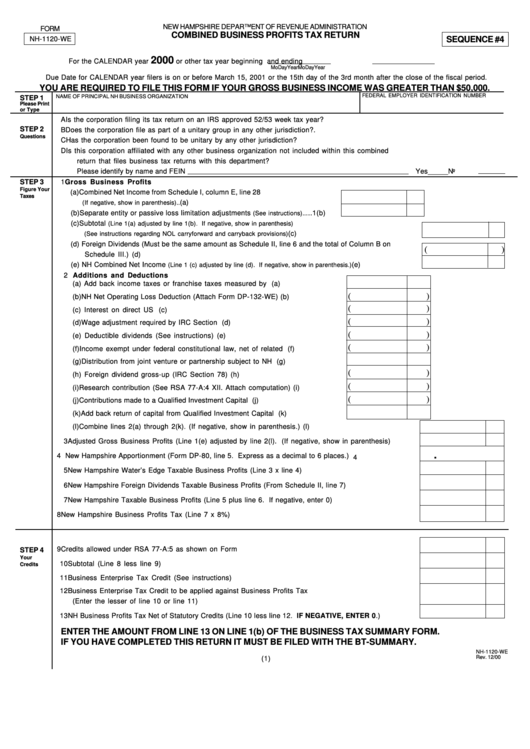 Form Nh-1120-We - Combined Business Profits Tax Return - New Hampshire Department Of Revenue Administration 2000 Printable pdf