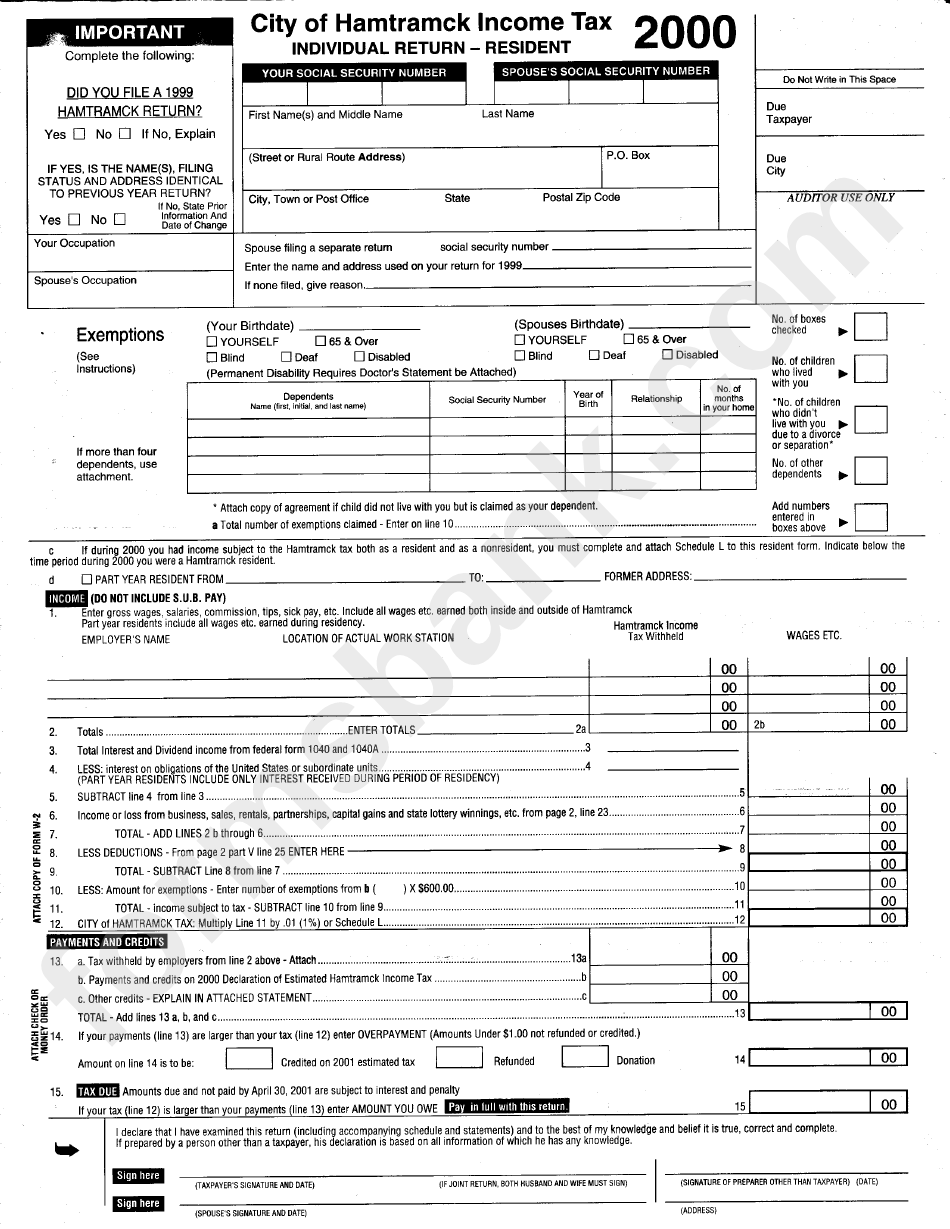 Income Tax Individual Return - Resident - City Of Hamtramck - 2000