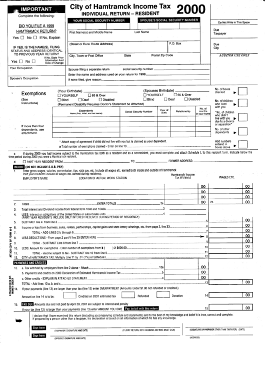 Income Tax Individual Return - Resident - City Of Hamtramck - 2000 Printable pdf