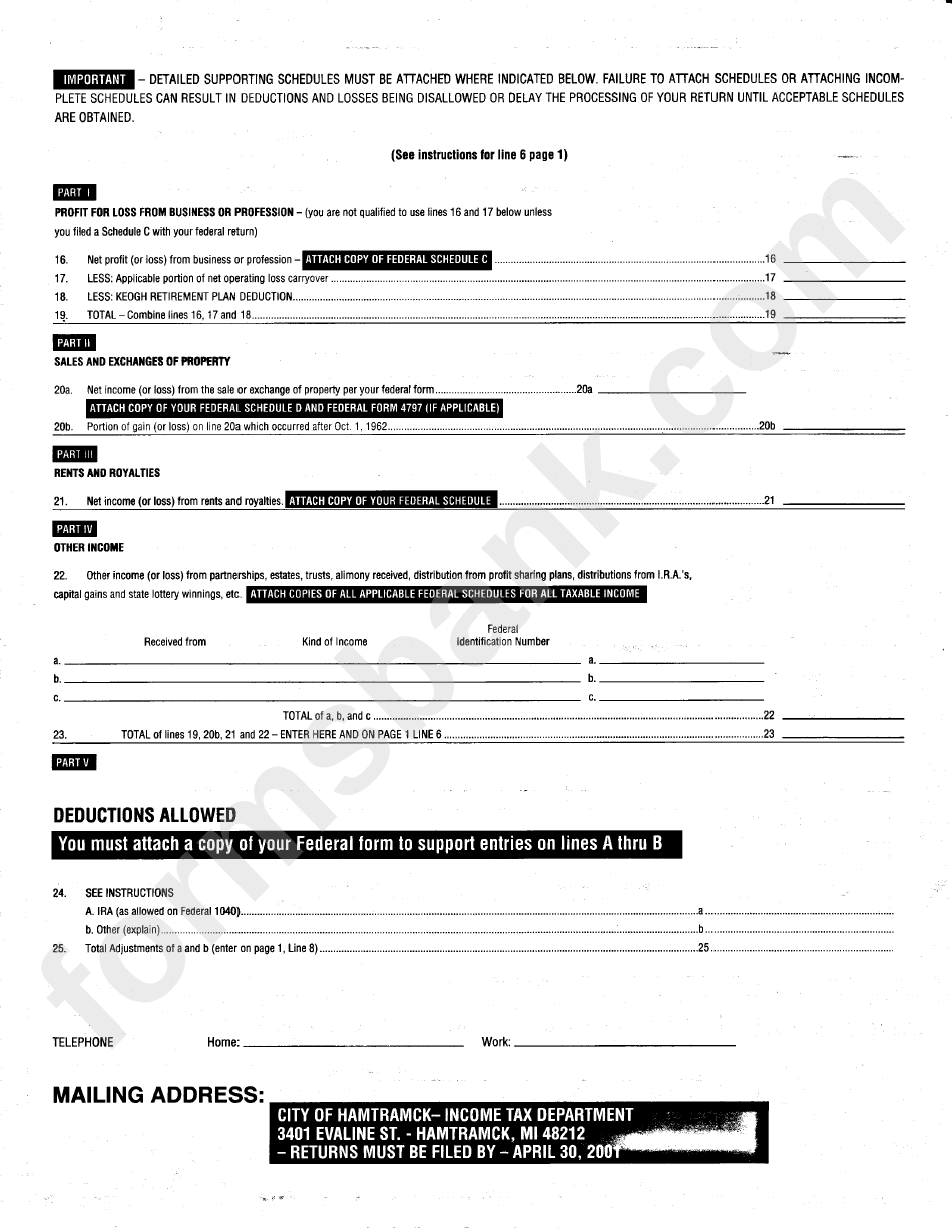 Income Tax Individual Return - Resident - City Of Hamtramck - 2000