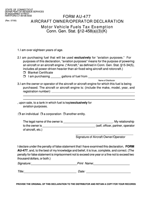 Form Au-477 - Aircraft Owner/operator Declaration - Connecticut Department Of Revenue Services Printable pdf