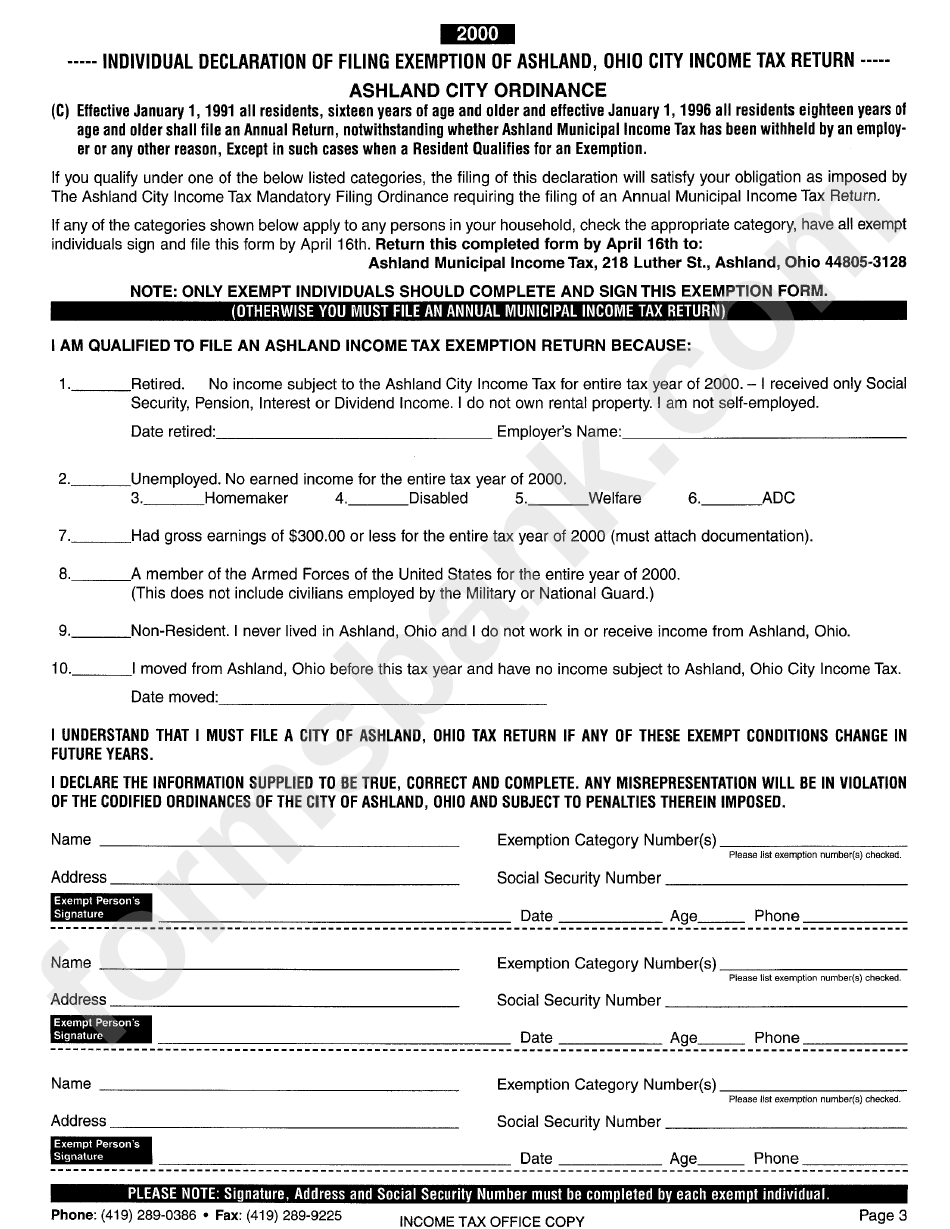 Individual Declaration Of Filing Exemption Of Ashland, Ohio City Income Tax Return - 2000