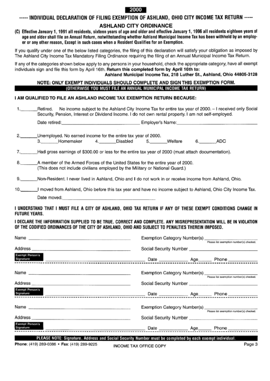 Individual Declaration Of Filing Exemption Of Ashland, Ohio City Income Tax Return - 2000 Printable pdf
