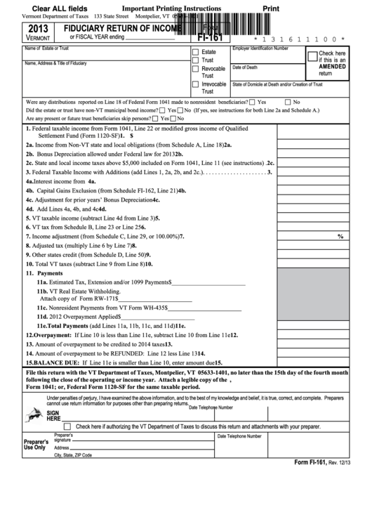 Fillable Form Fi-161 - Vermont Fiduciary Return Of Income - 2013 Printable pdf