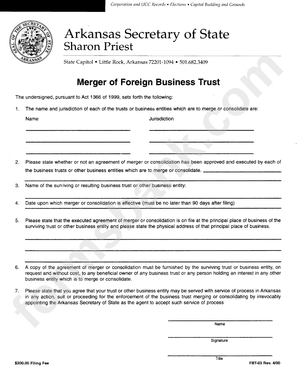 Form Fbt-03 - Merger Of Foreign Business Trust - Arkansas Secretary Of State