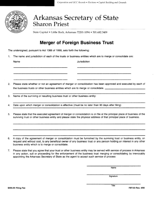 Form Fbt-03 - Merger Of Foreign Business Trust - Arkansas Secretary Of State Printable pdf