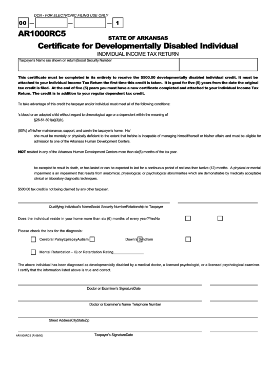 Form Ar1000rc5 - Certificate For Developmentally Disabled Individual - State Of Arkansas Printable pdf