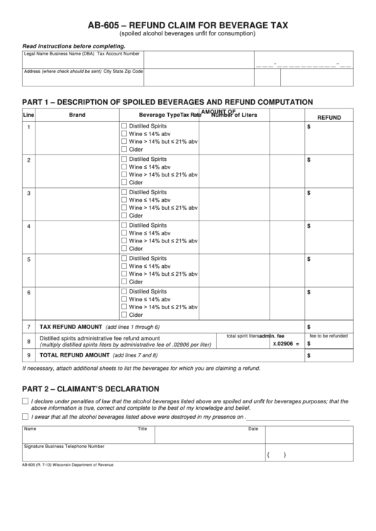 Form Ab-605 - Refund Claim For Beverage Tax Printable pdf