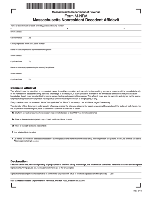 Form M-Nra - Massachusetts Nonresident Decedent Affidavit - Massachusetts Department Of Revenue Printable pdf